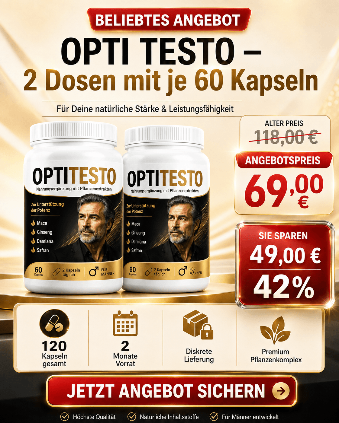 OPTITESTO 2 Dosen · je 60 Kapseln: Angebotspreis 69,00 € statt 118,00 €, Sie sparen 49,00 € (42%)