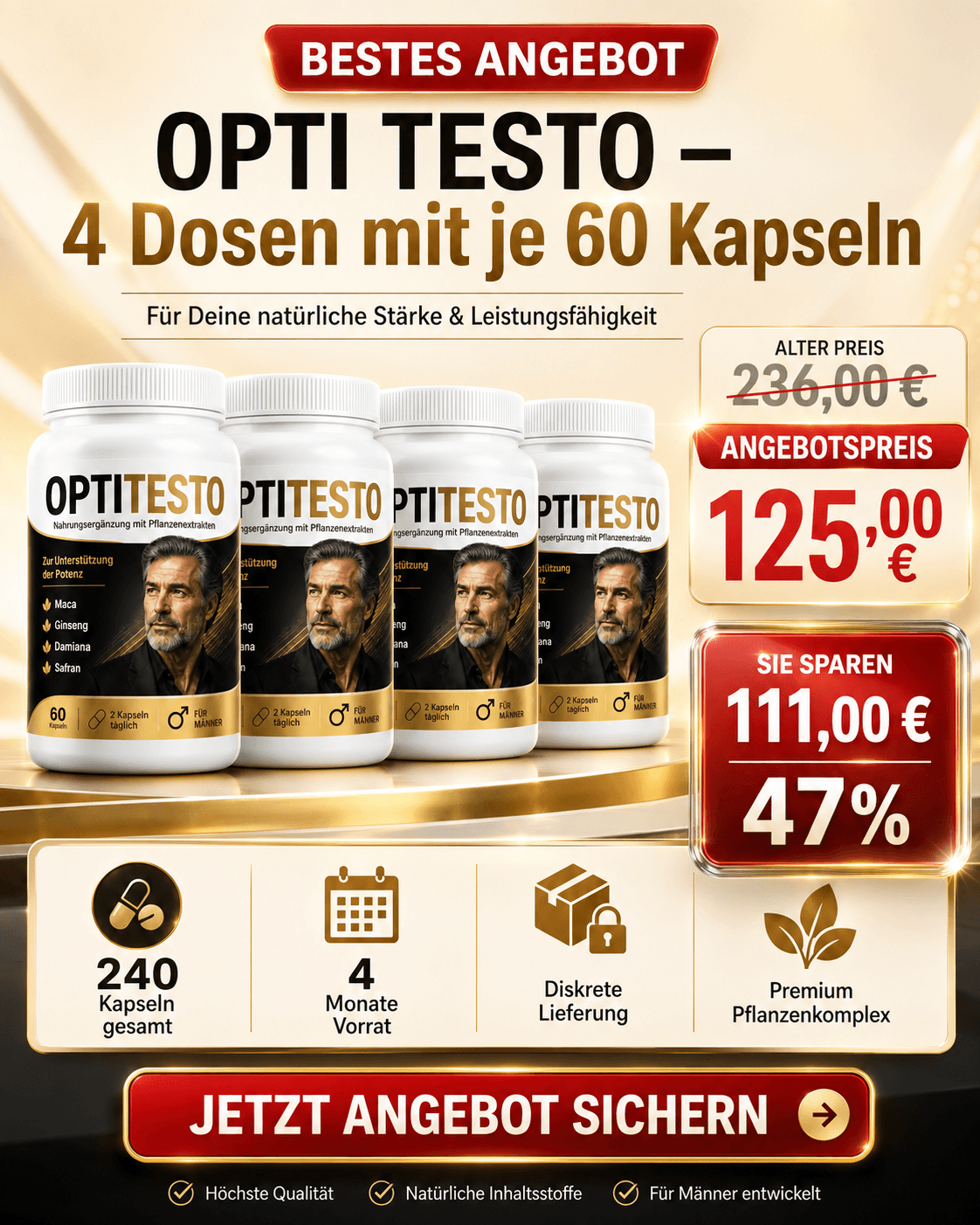 OPTITESTO 4 Dosen · je 60 Kapseln: Angebotspreis 125,00 € statt 236,00 €, Sie sparen 111,00 € (47%)