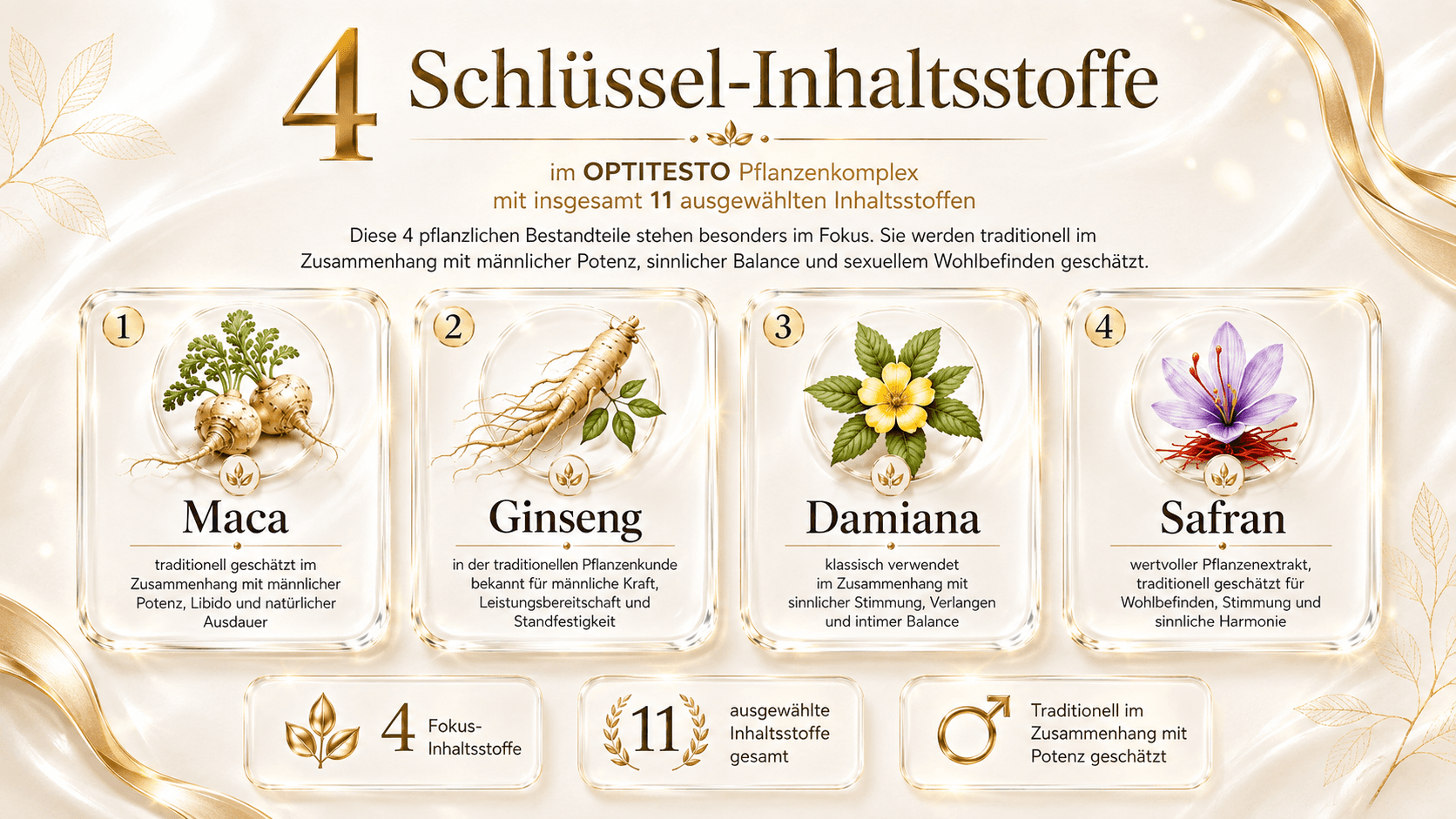4 Schlüssel-Inhaltsstoffe im OPTITESTO Pflanzenkomplex: Maca (traditionell geschätzt im Zusammenhang mit männlicher Potenz, Libido und natürlicher Ausdauer), Ginseng (bekannt für männliche Kraft, Leistungsbereitschaft und Standfestigkeit), Damiana (klassisch verwendet im Zusammenhang mit sinnlicher Stimmung, Verlangen und intimer Balance) und Safran (traditionell geschätzt für Wohlbefinden, Stimmung und sinnliche Harmonie).